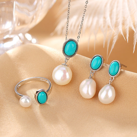 Sterling Turquoise Pearl Antique Jewelry Suit Fashion Elegant Rings