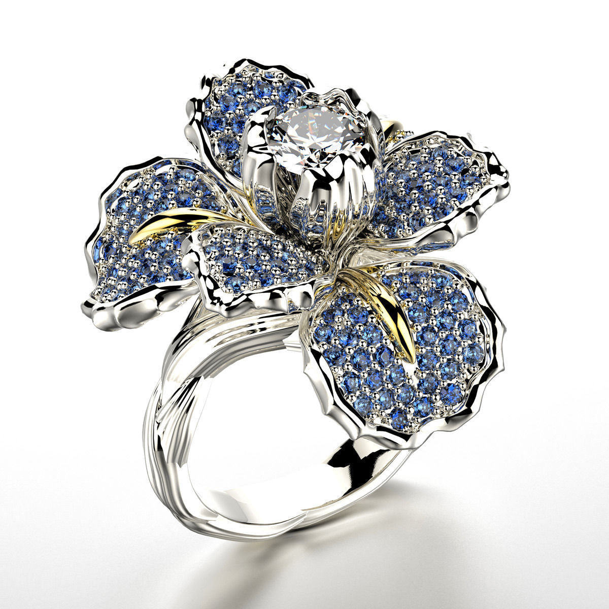 Flower-de-luce Two-tone Blue Topaz Flower Engagement Rings