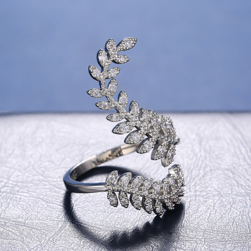 Women's Zircon Sier-plated Creative Plant Leaves Long Rings
