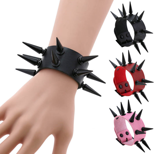 Black Pointed Rivet Double Row Leather Bracelets