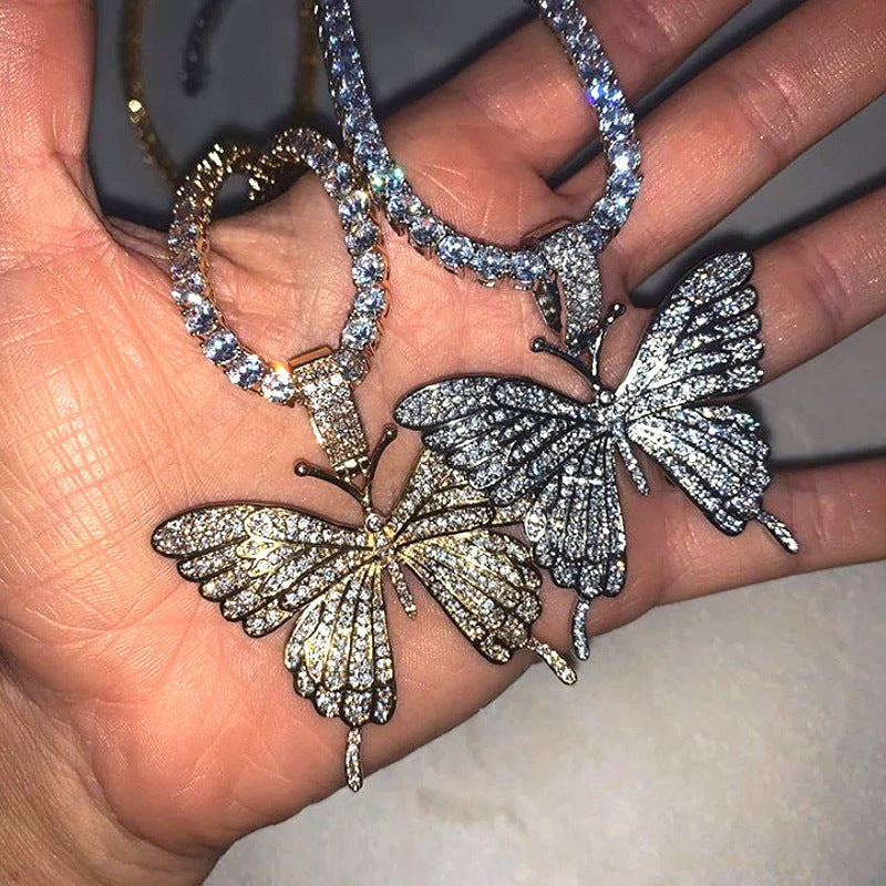 Cuban Butterfly Rhinestone Pendant Hip Hop Necklaces