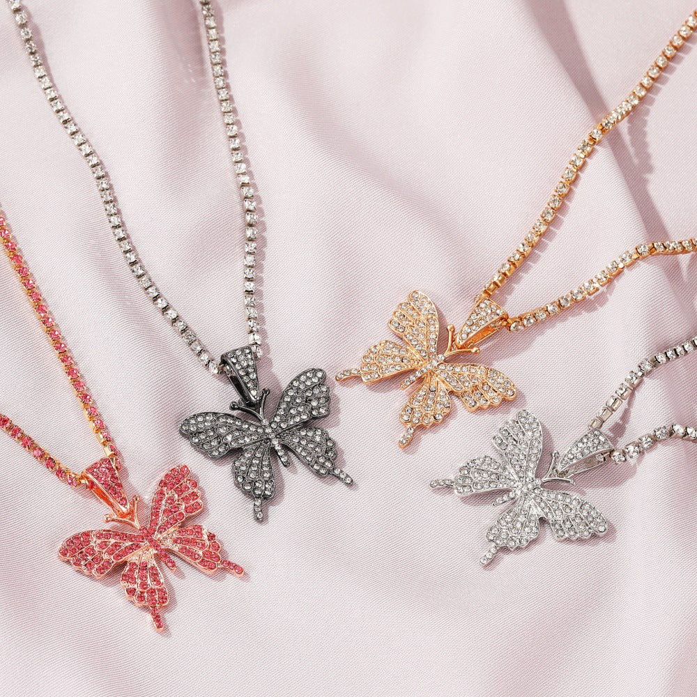 Cuban Butterfly Rhinestone Pendant Hip Hop Necklaces