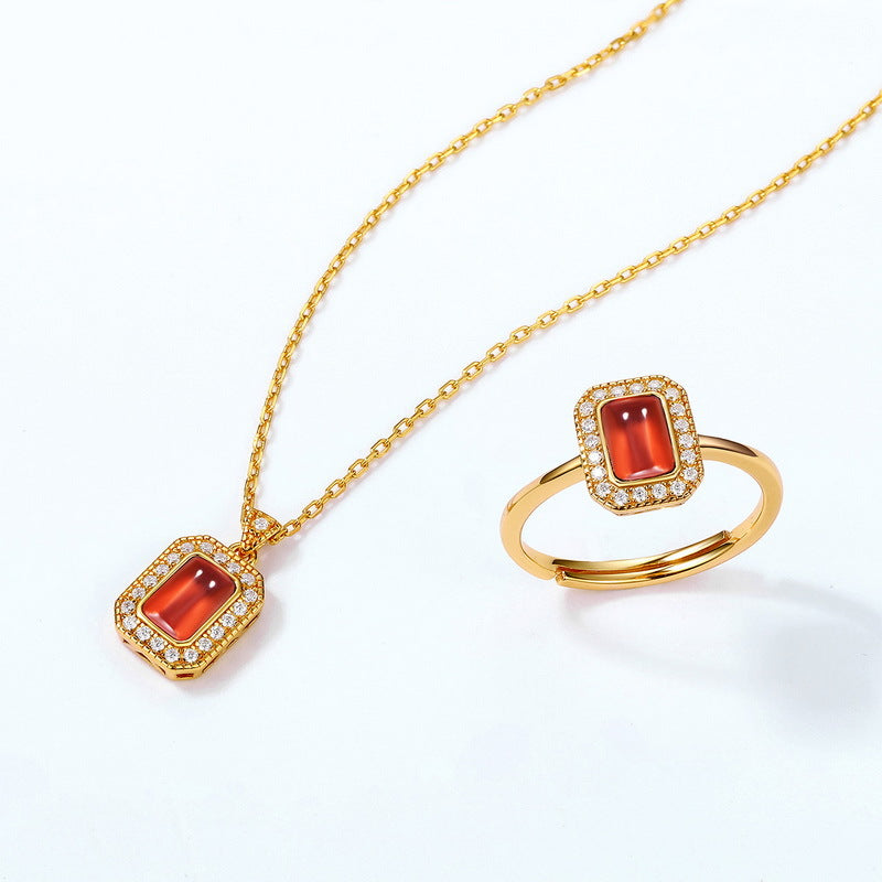 Mild Luxury Retro Red Garnet Square Female Live Broadcast Necklaces