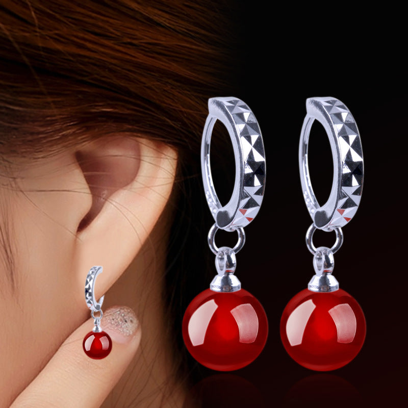 Women's Trendy Natural Black Red Eardrops Sier Earrings