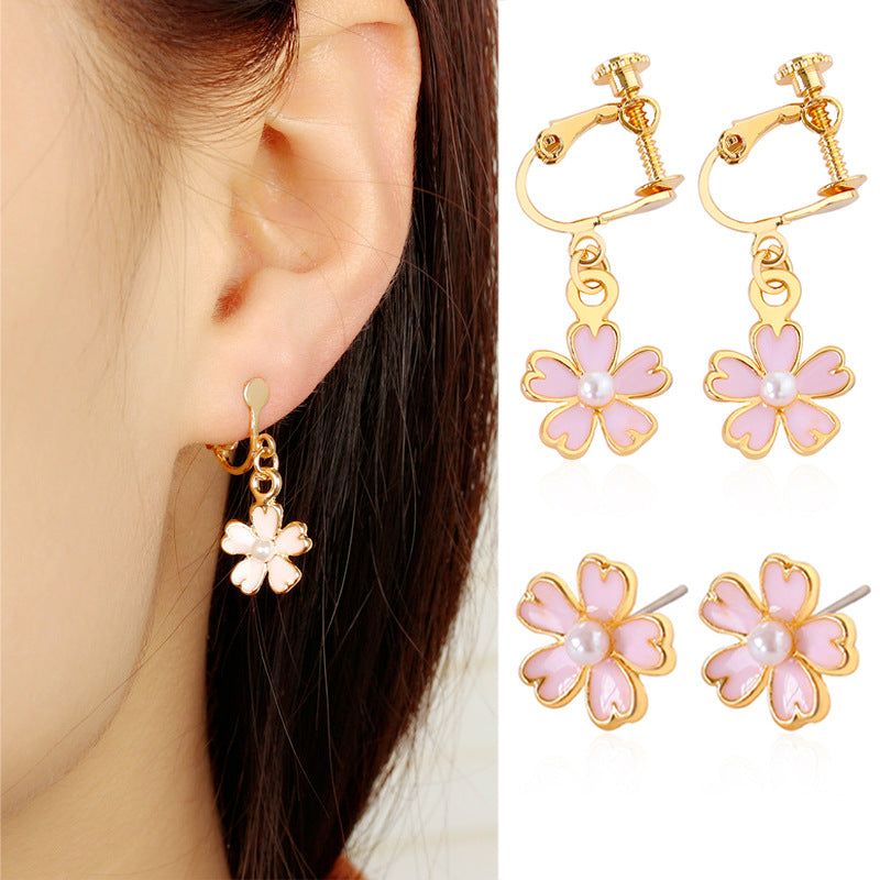Flower Pearl Korean Style Five-leaf Without Pierced Earrings