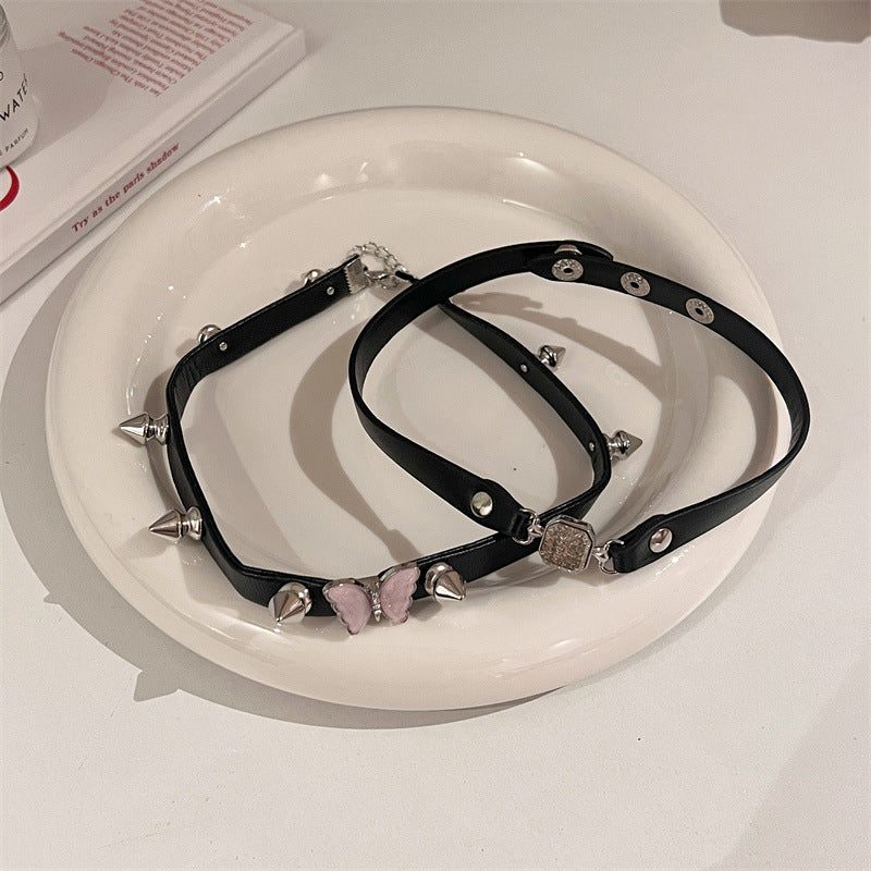 Women's Black Leather Rope Neckband Square Diamond Retro Textured Necklaces