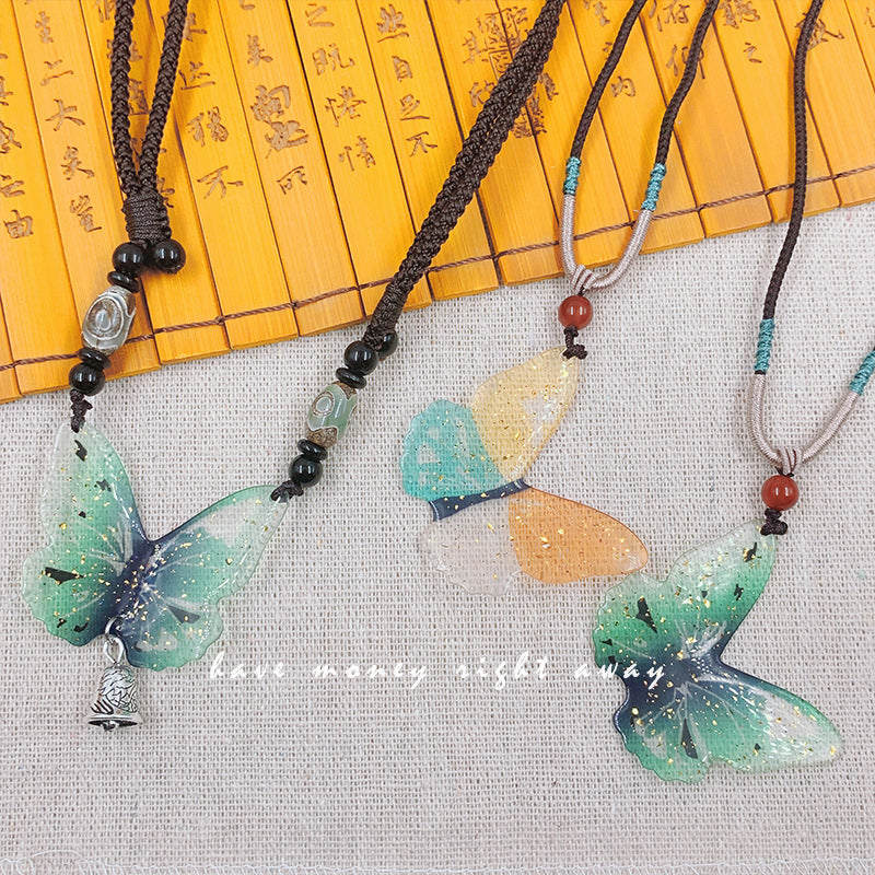 Two-color Antique Braiding String Butterfly Pendant Necklaces