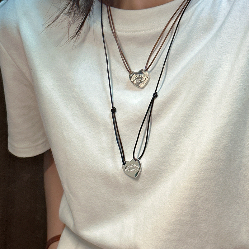 Sterling Sier Korean Style Niche Design Love Pull Leather Necklaces