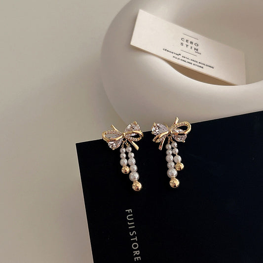 Zircon Pearl Bow Tassel Female Simple Earrings