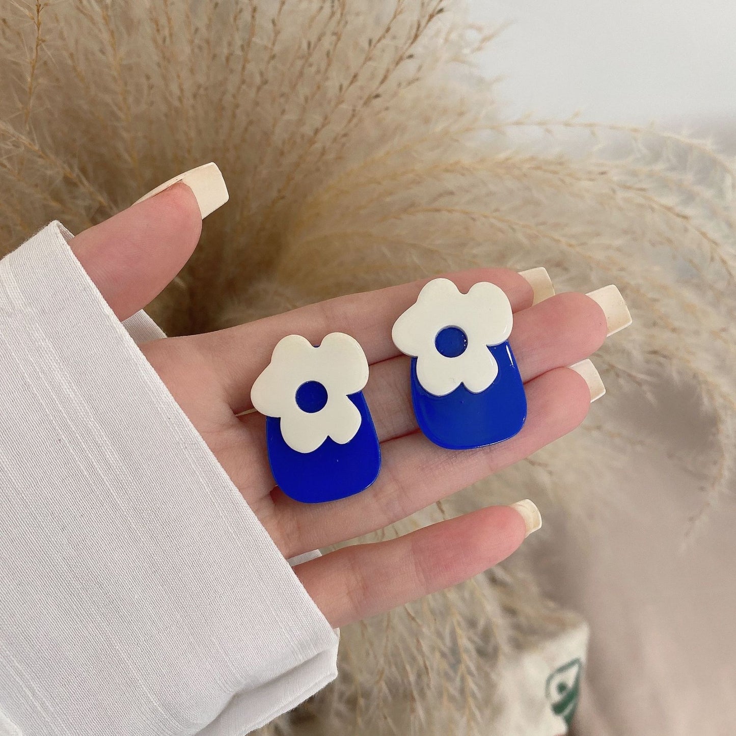 Dark Blue Flower Korean Style Resin Earrings
