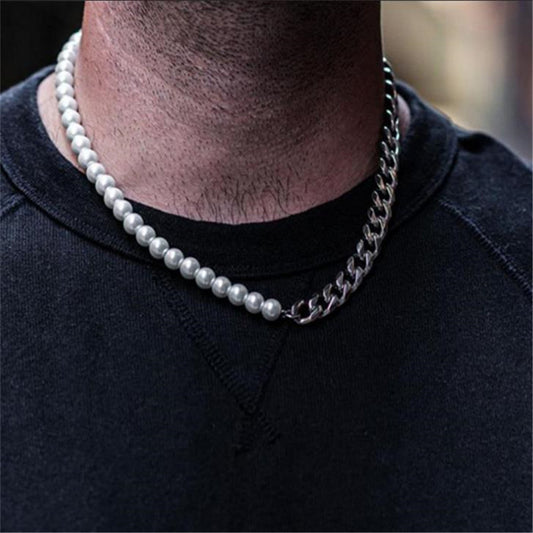 Men's Stitching Stainless Steel Cuban Chain Pearl Colorfast Titanium Necklaces