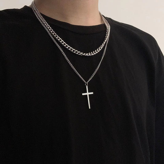 Women's & Men's Double Layer Cross Fashion Disco Hip Hop Personality Necklaces