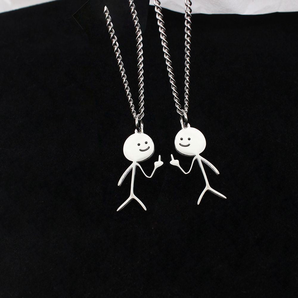 Stickman Bixin Vertical Middle Finger Couple Necklaces