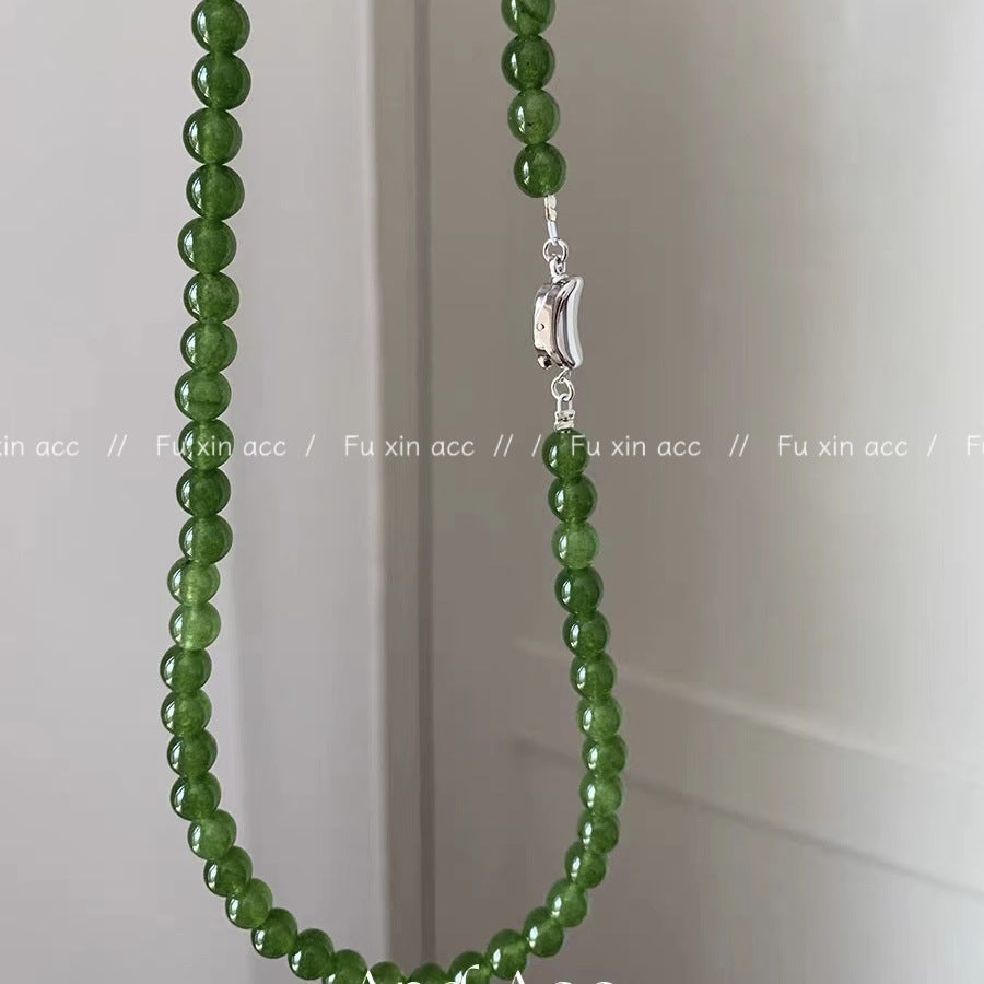 Green Chalcedony Jade Beaded Niche Design Chinese Retro Clavicle Necklaces