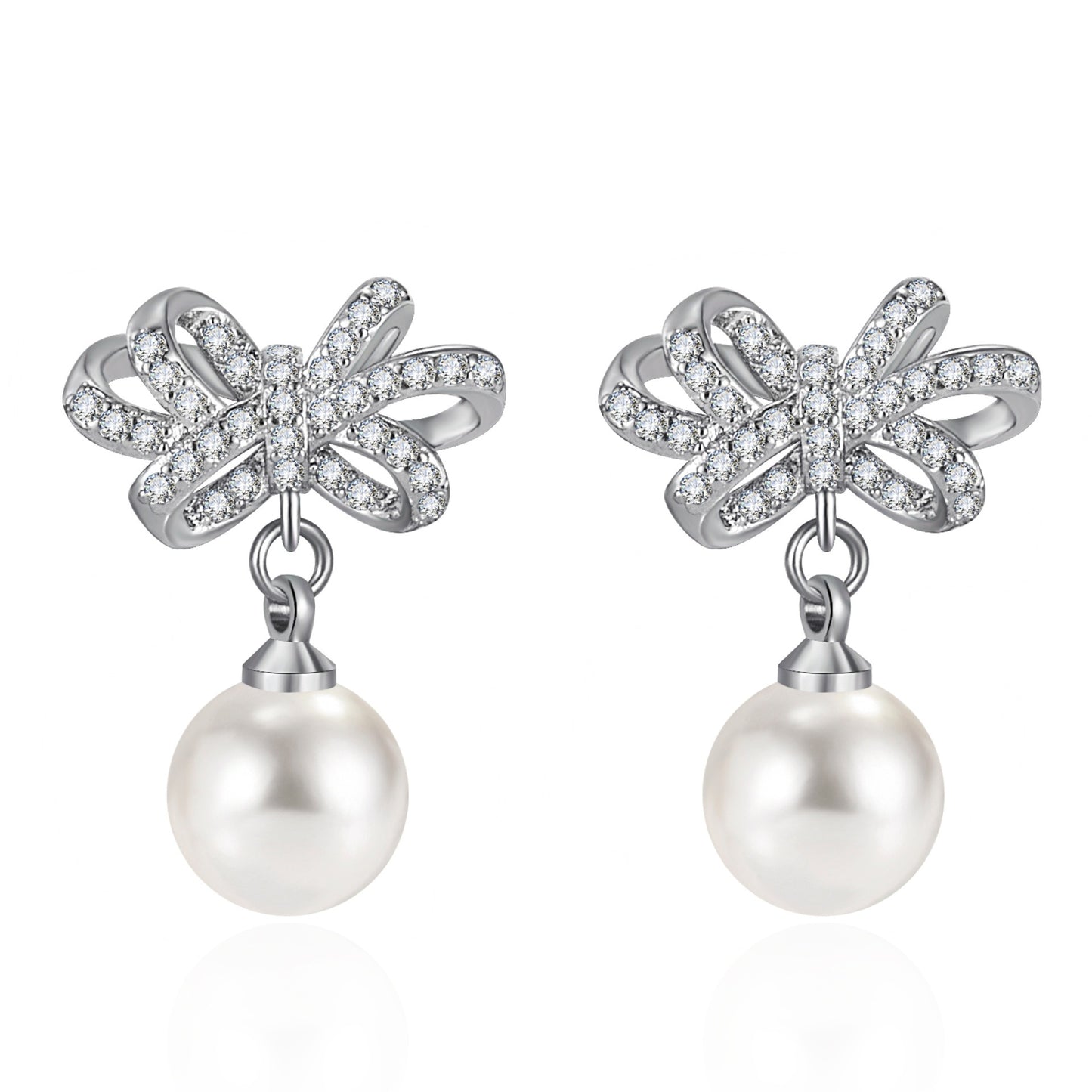 Full Diamond Bow White Pearl Ear Rings