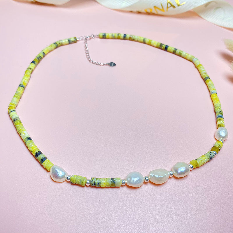 Sier Natural Baroque Pearl Kiwi Fruit Green Stitching Beaded Necklaces