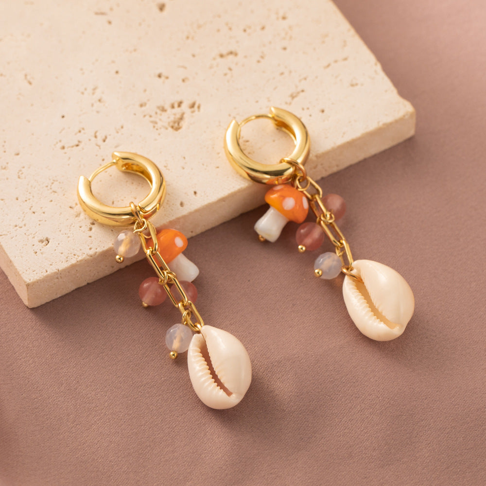 Women's Natural Stone Mushroom Retro Personality Brass Earrings