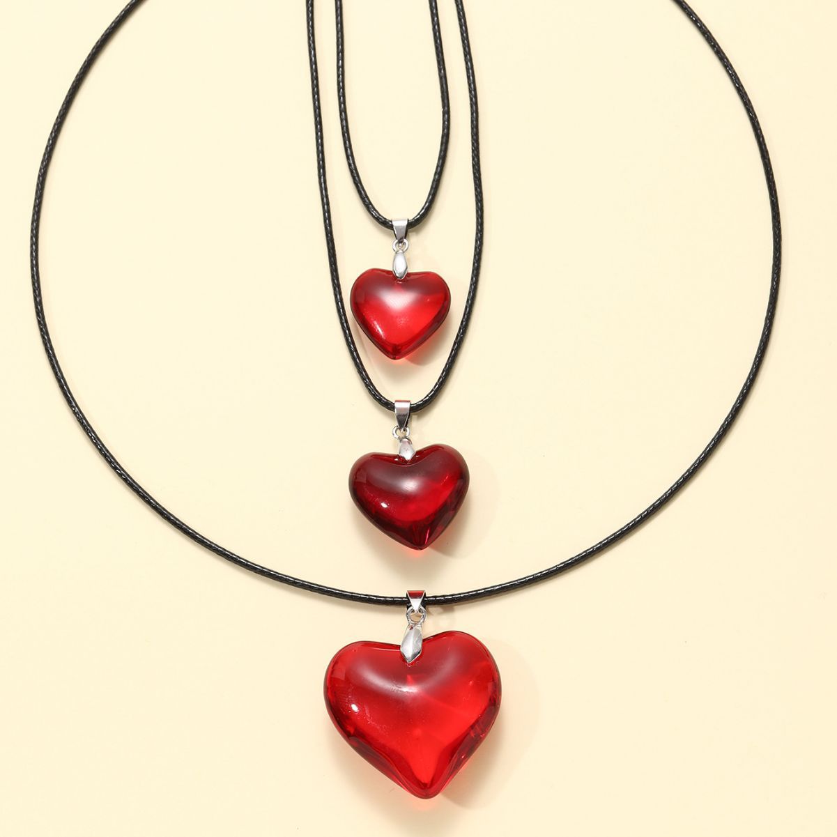 Heart-shaped Big Glass Pendant Black Leather Necklaces