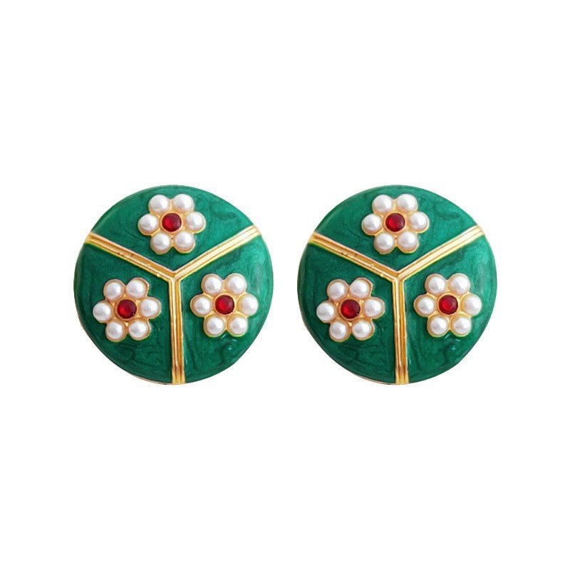 Needle National Fashion Green Flower Pearl Earrings