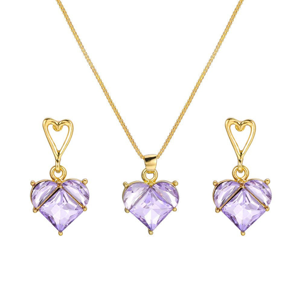 Women's Full Diamond Peach Heart Bridal And Necklaces