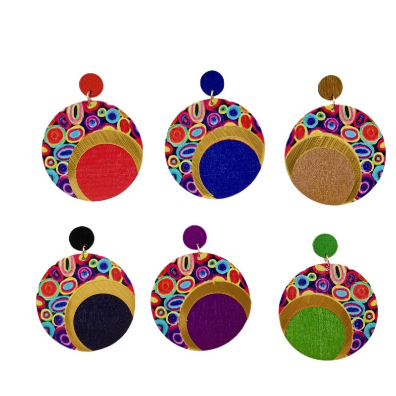Wooden Printing Round Color Large Ornament Earrings