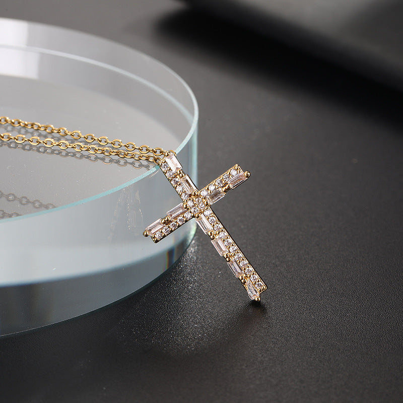 Trendy Colorful Zircon Cross Pendant Niche Personality Design Necklaces