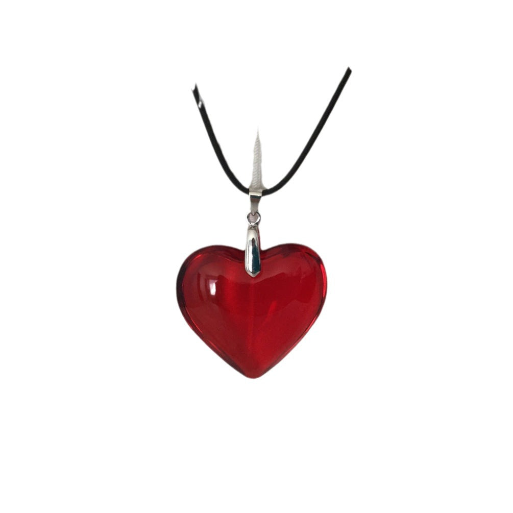 Heart-shaped Big Glass Pendant Black Leather Necklaces