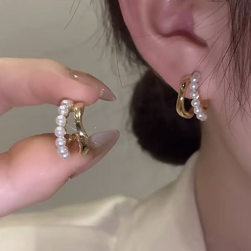 Women's Cross Shaped Pearl Double Layer Wave Earrings