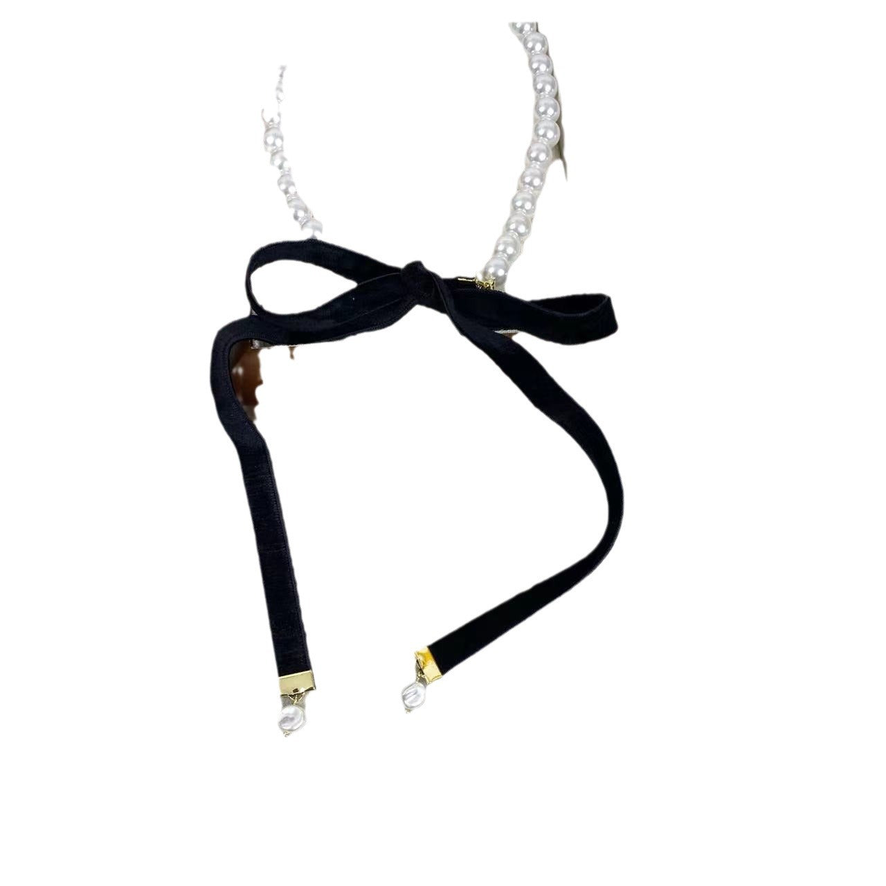 Pearl Bow Ribbon Headband Niche High Sense Outdoor Necklaces