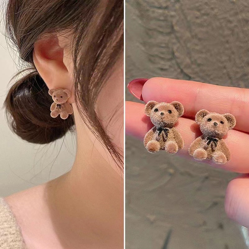 Korean Flocking Cute Bear Ear Simple Earrings