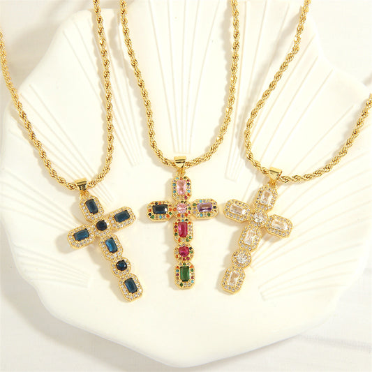 Women's Inlaid Color Zirconium Cross Fashion Trend Necklaces