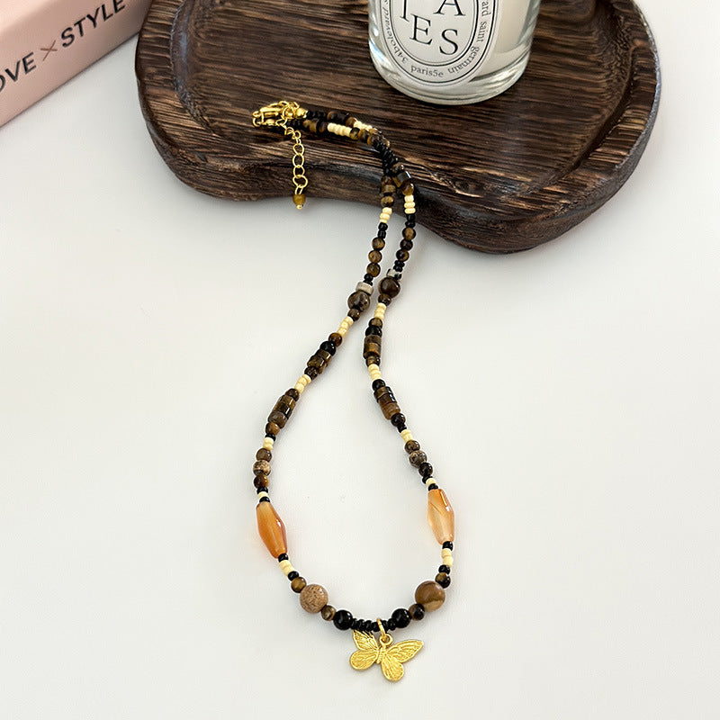 Women's Style Brown Vintage Natural Tigereye Beaded Agate Wooden Necklaces