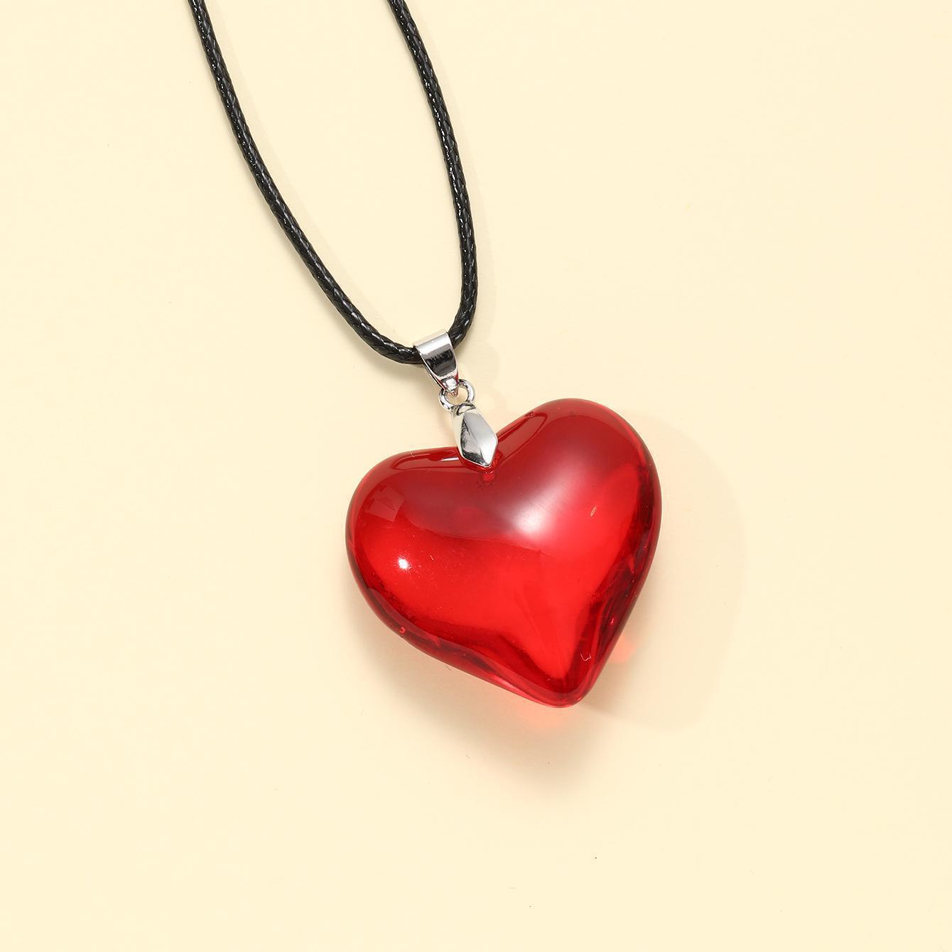 Heart-shaped Big Glass Pendant Black Leather Necklaces