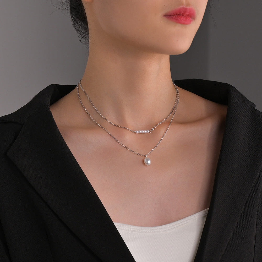 Women's Stick Pearl Pendant Stacked Alloy Clavicle Necklaces