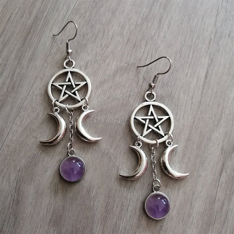 Pentagram Triple Moon Purple Stone Natural Earrings
