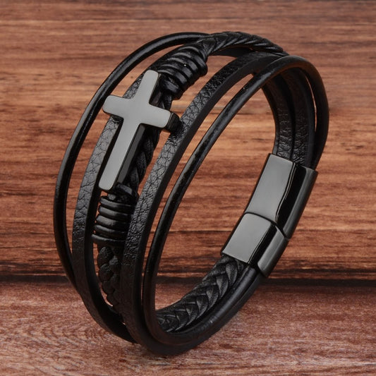 Men's Cross Leather Handmade Braided Rope Magnetic Bracelets