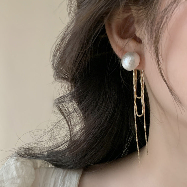 Women's Style For Cotton Pearl Chain Long Tassel Ear Earrings