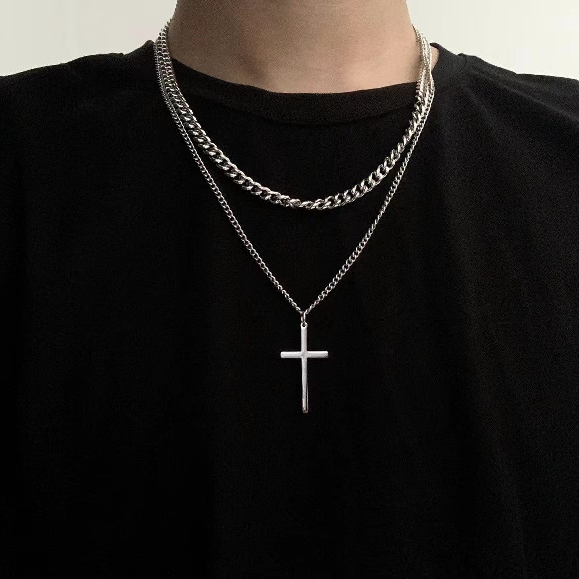 Women's & Men's Double Layer Cross Fashion Disco Hip Hop Personality Necklaces