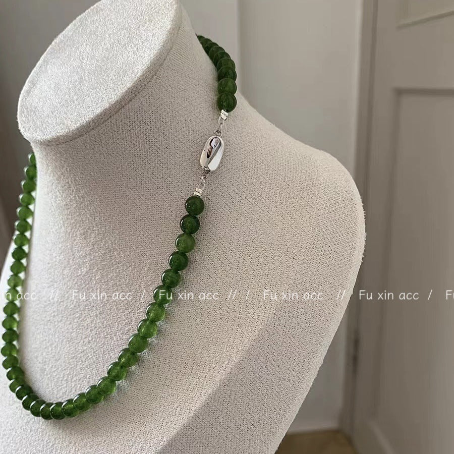 Green Chalcedony Jade Beaded Niche Design Chinese Retro Clavicle Necklaces