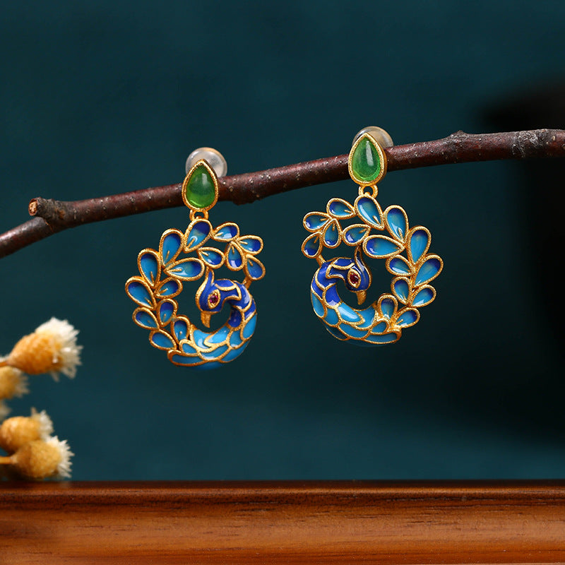 Pin Antique Peacock Female Chinese Ancient Gold Plated Earrings