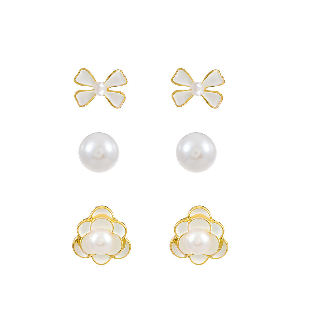 Women's Fashion Heart Pearl Three-piece Set Flower Earrings