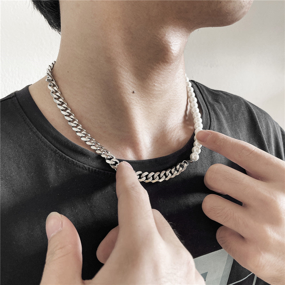 Men's Stitching Stainless Steel Cuban Chain Pearl Colorfast Titanium Necklaces