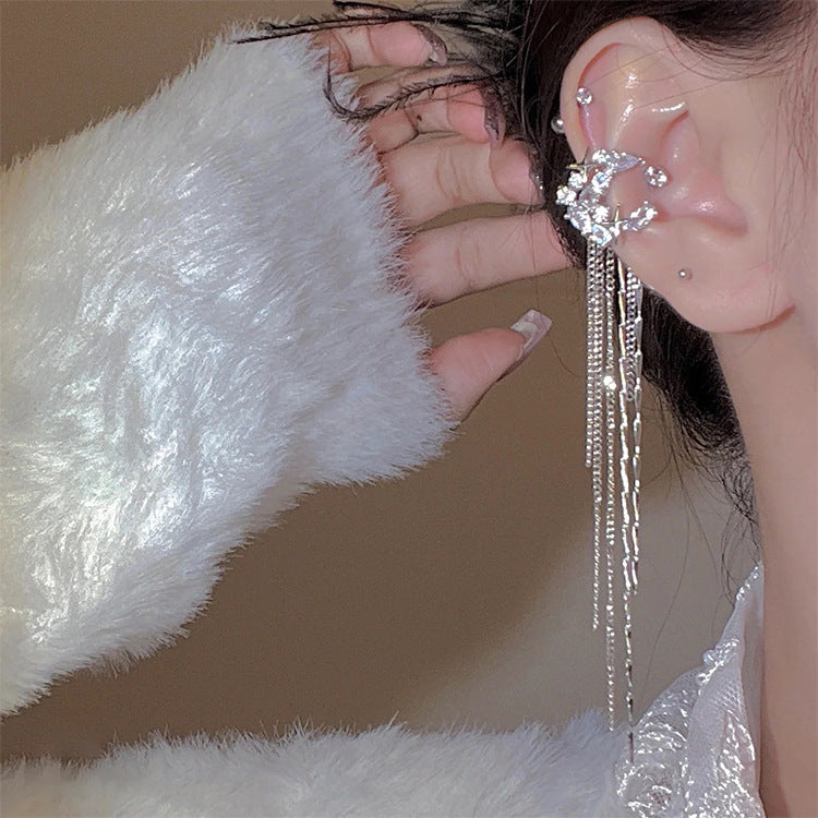 Women's Zircon Moon Chain Tassel Long Ear Clip Earrings