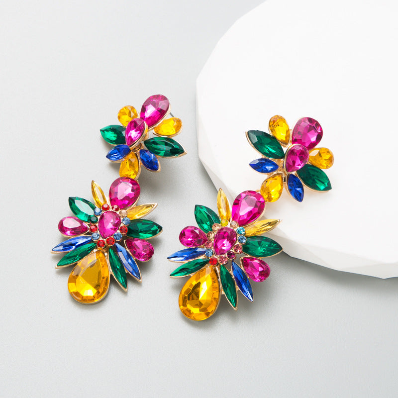Women's Colored Diamond Metal Alloy Long Flower Earrings