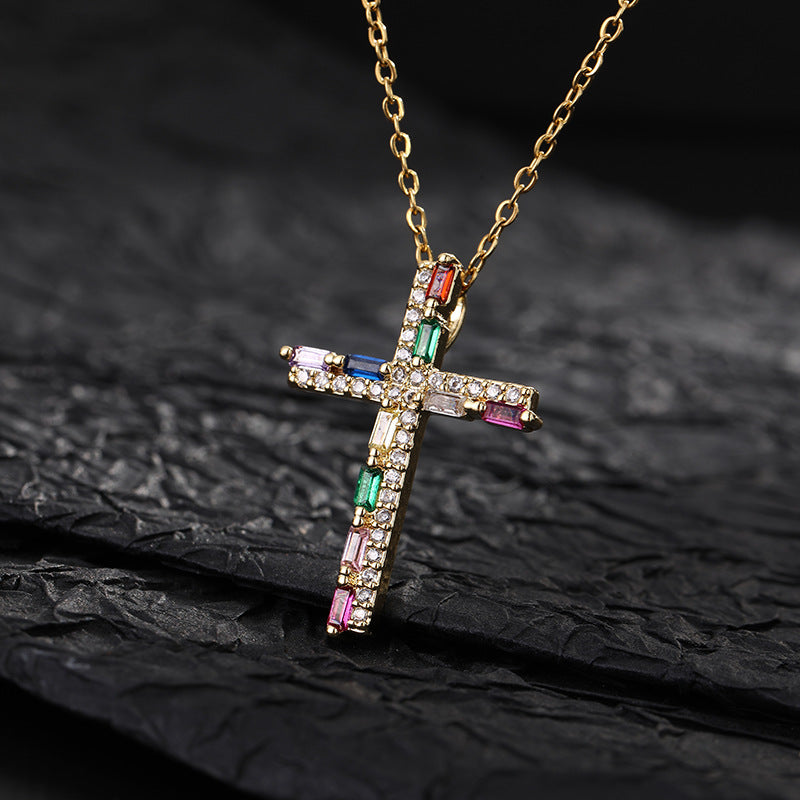 Trendy Colorful Zircon Cross Pendant Niche Personality Design Necklaces