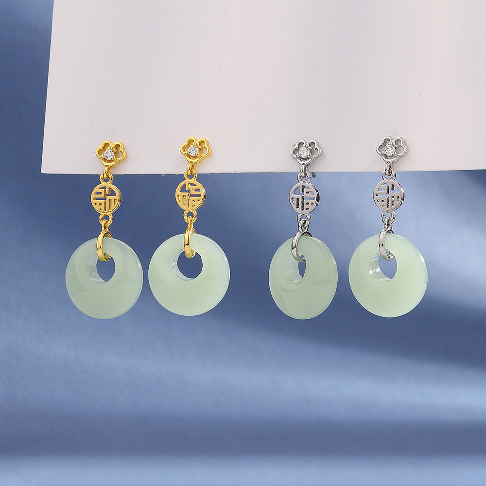 Women's Peace Buckle White Chalcedony National Fashion Vintage Blessing Card Earrings