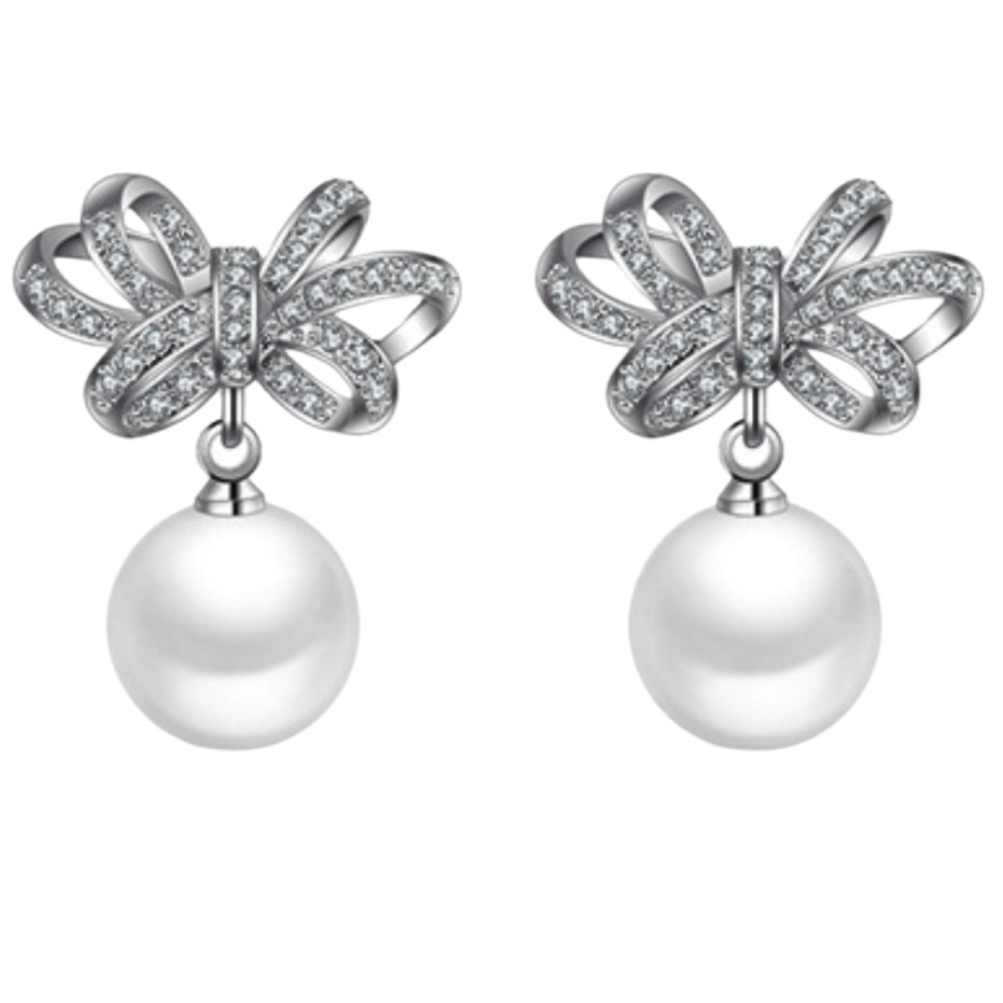 Full Diamond Bow White Pearl Ear Rings