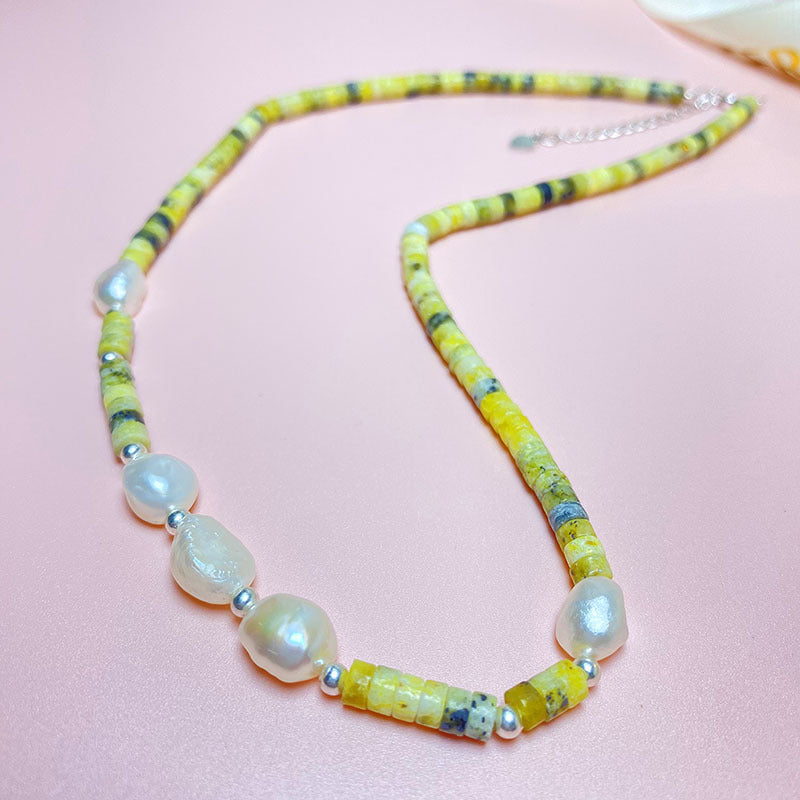 Sier Natural Baroque Pearl Kiwi Fruit Green Stitching Beaded Necklaces