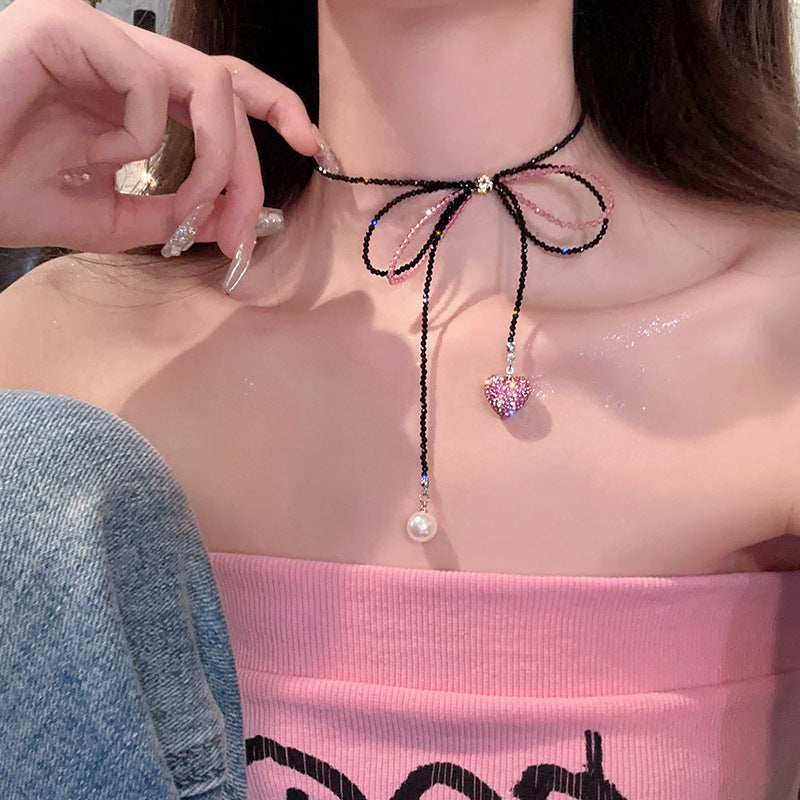 Pink Love Pearl Bowknot Beaded Female Light Necklaces