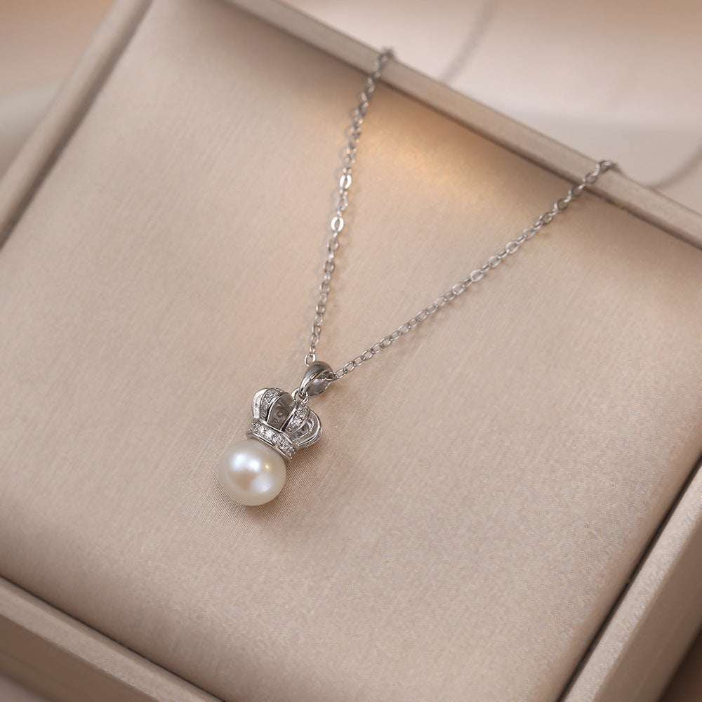 Women's Sier Retro Diamonds Fresh Water Pearl Suit Necklaces